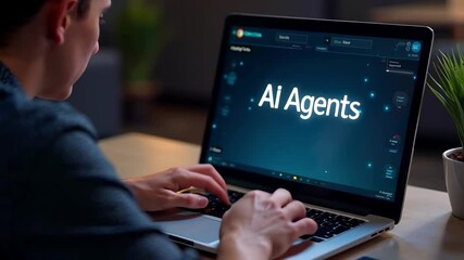 Young Man Typing on Laptop with AI Agents Display, Artificial Intelligence Technology