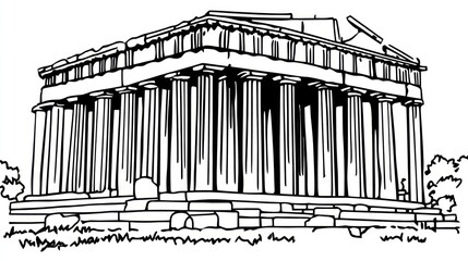 Black and white drawing of a Greek temple