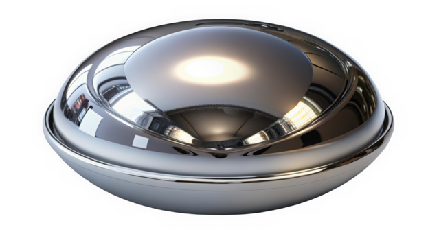 A sleek, reflective chrome serving dome resting on a flat surface, capturing light beautifully. The design exudes elegance and modernity, perfect for fine dining.