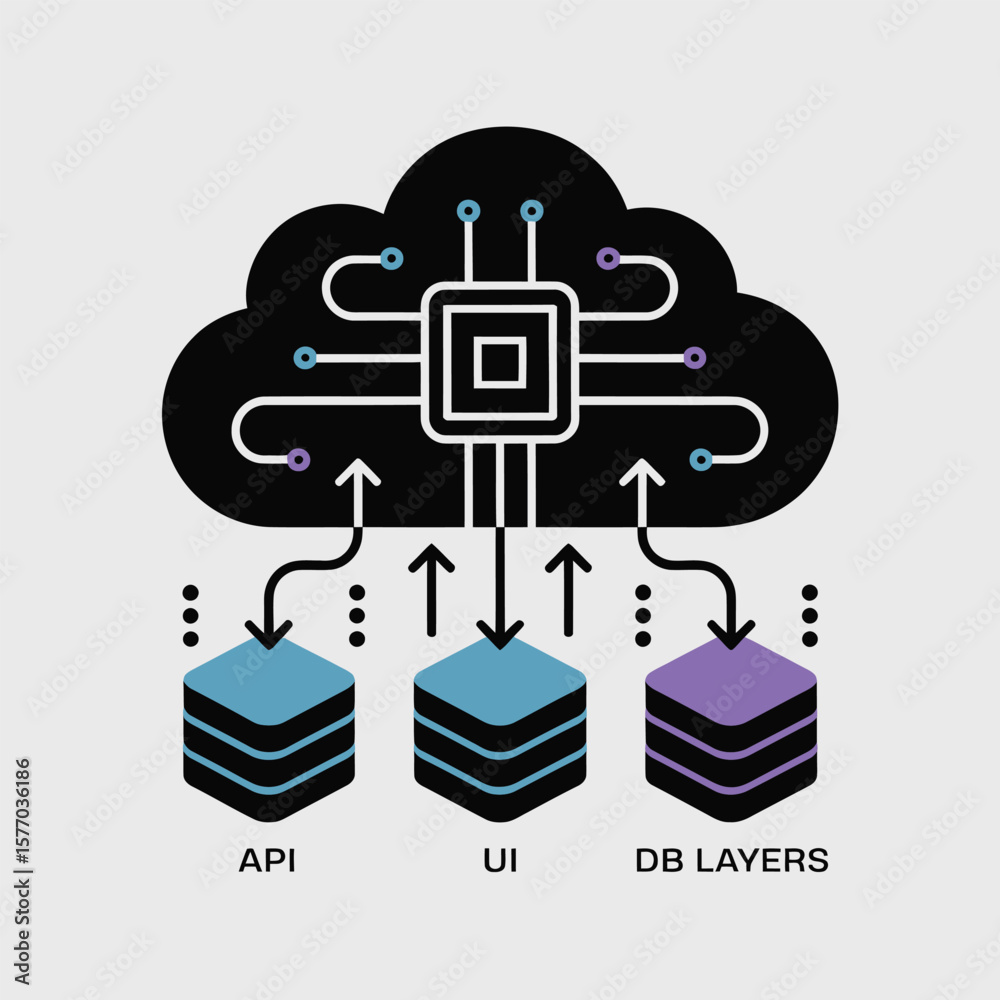 Poster abstract black cloud computing system architecture diagram vector illustration featuring teal blue a