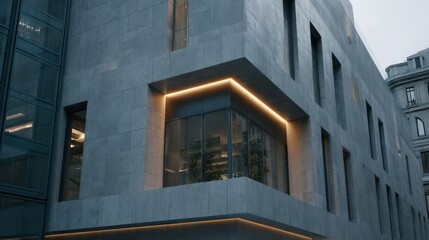 Reflective concrete-and-glass cinema facade with monolithic shape embedded neon frame lights cinematic evening lighting atmospheric separation icy gray