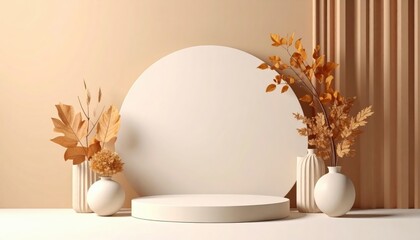 Elegant minimalist display with white circular stand and dried leaves studio setting still life photography aesthetic environment close-up view