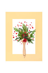 Festive Christmas paintbrush abstract design, red holly berries, traditional winter greenery on...