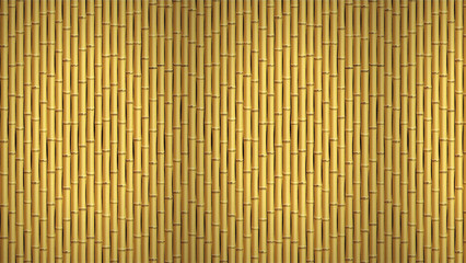 A full frame close up of a bamboo fence with a light yellow color and vertical orientation