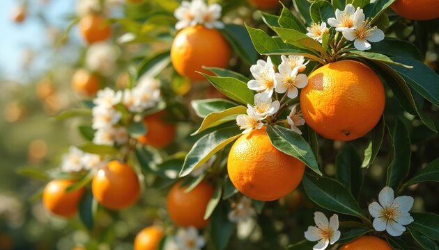 Orange tree with vibrant orange fruits hanging from branches, surrounded by white flowers in clusters. Rich scene with natural tapestry, gray background, low-angle perspective, height, majesty,
