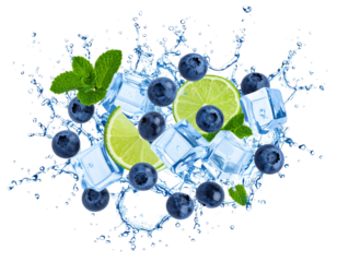Refreshing Detox Splash with Blueberries, Lime Slices, and Ice Cubes, Isolated on Transparent Background PNG