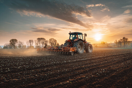 Tractor drives across large field making special beds for sowing seeds into purified soil. Agricultural vehicle works at sunset in countryside
