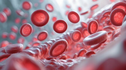 Fototapeta premium Red blood cells flowing through a blood vessel. The cells appear soft, round, and slightly concave, suspended in plasma.