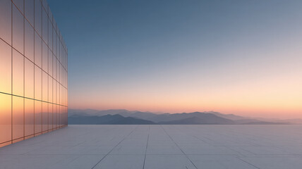Minimalist Sunset Terrace with Glass Facade and Mountain View