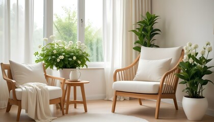 Relaxing living room interior with wooden armchairs, plants, and natural light.