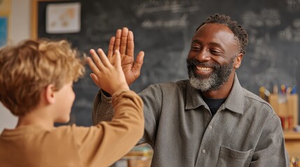 Teacher gives high five to student in class, smiling, chalkboard background. Illustrates learning, achievement, motivation, & positive classroom experiences.