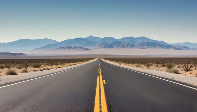 A long, straight road leads into a vast desert landscape with distant mountains. - Powered by Adobe
