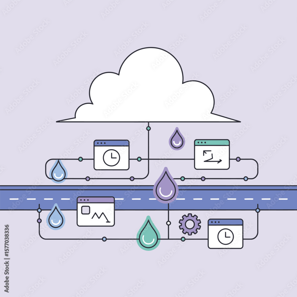 Poster abstract data flow network illustration white cloud server connected multiple application windows ne