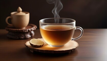 Obraz premium A steaming cup of tea with lemon on a wooden coaster, a moment of peace.