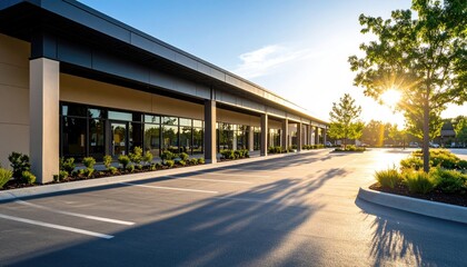 Modern retail building at sunrise