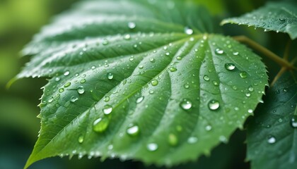 A lush green leaf glistens with refreshing water droplets, showcasing nature's elegance.
