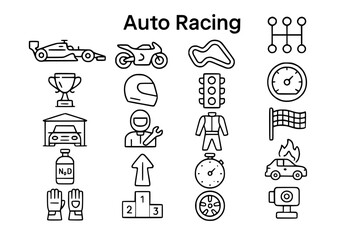 Auto Racing Icon Set - Motorsport Line Icons with Cars, Motorcycles, Track, Equipment and Racing Accessories