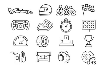 Formula 1 Racing Icon Set - F1 Motorsport Line Icons with Cars, Equipment, Track, Pit Stop and Championship Elements