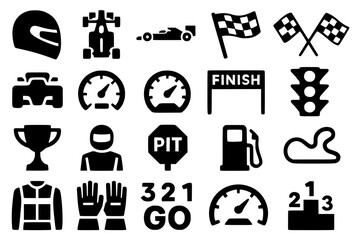 Auto Racing Solid Icons Set - Motorsport Glyph Icons with Cars, Checkered Flag, Racing Equipment and Championship Elements