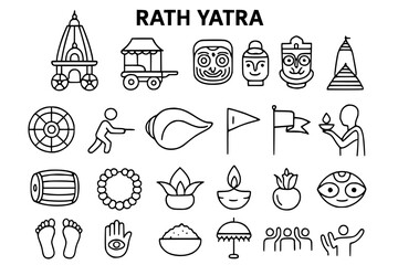 Rath Yatra Festival Icon Set - Hindu Religious Line Icons with Jagannath Chariot, Deities, Temple and Cultural Elements