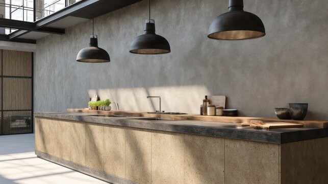 Sandstone and black iron industrial kitchen with concrete pendant lights harsh spotlight casting dynamic shadows on steel countertop