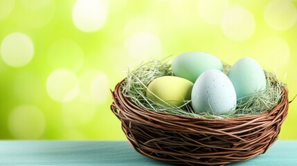 Obraz premium Vibrant Easter Eggs in Nest on Green Background for Community Event