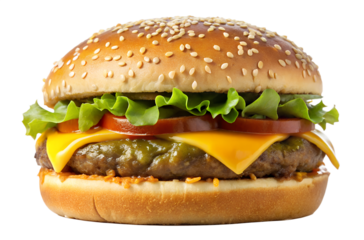 Photo of a delicious cheeseburger with lettuce and tomato, isolated on a transparent background