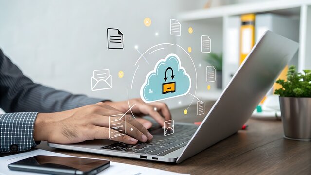 Secure data management illustrated as person works on laptop with a cloud network and document management system interface. - Powered by Adobe