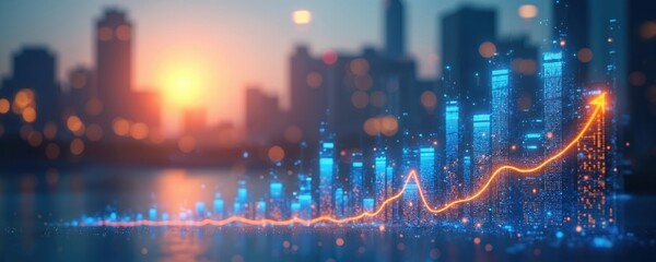 Obraz premium Dynamic cityscape with towering skyscraper in orange glow. River flows through city with dark blue waters. City life and movement captured with warm orange light.