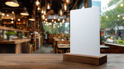 Blank menu on a wooden table in a blurred coffee shop or restaurant. It can display promotions, pricing, and special deals to attract customers.