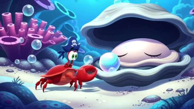A cartoon crab, wearing a pirate hat, approaches a giant clam with a pearl.