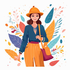 Stylish young woman dressed in autumn-inspired fashion, wearing a hat and striped pants, standing confidently with colorful leaves swirling in a modern, cheerful background