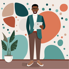 Tech Savvy: A modern man, dressed in smart casual attire, holds a tablet, reflecting a blend of technological prowess and contemporary style, the background showcases an artistic touch.