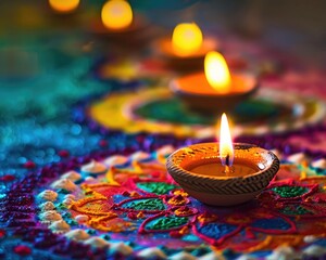 A festive display of colorful clay oil lamps, or diya, lit during the Hindu festival Diwali.
