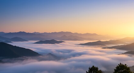 Naklejka premium Serene Mountain Landscape with Sunrise Above Clouds