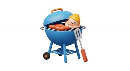 Cartoon child relaxing inside a blue barbecue grill