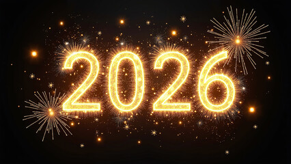 Golden &ldquo;2026&rdquo; glowing text surrounded by fireworks bursts on dark background.
