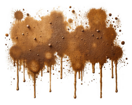 A vibrant splash of brown paint with drips and splatters, creating an abstract look. The texture adds depth and interest, suitable for artistic projects.