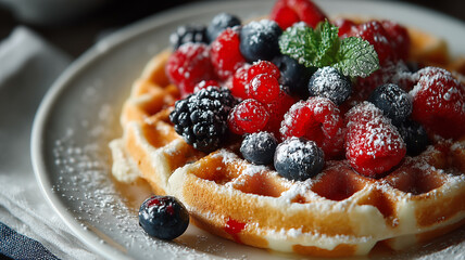 Delicious waffles topped with mixed berries and powdered sugar