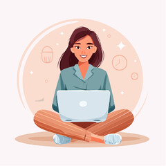Woman Working on Laptop: A woman sits cross-legged, immersed in her work on a laptop, in a light-hearted and colorful illustration