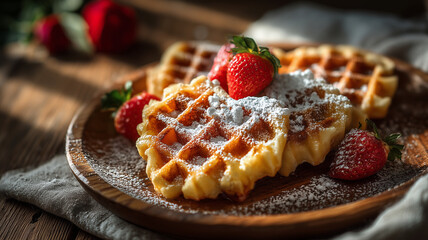 Delicious heart shaped waffles topped with strawberries and powdered sugar
