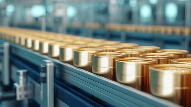Automated production line with rows of sealed metal cans moving on a conveyor belt in a modern factory setting.