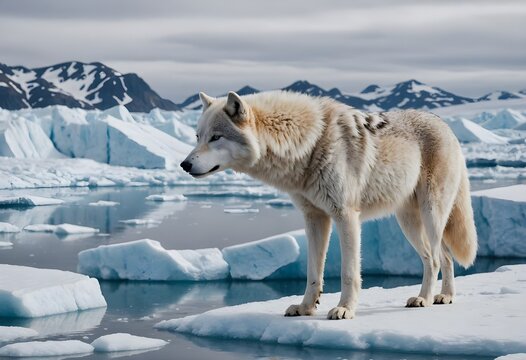Nahaufnahme einer Begegnung mit einem Wildtier in einer weitl&auml;ufigen, eisigen arktischen Landschaft 
