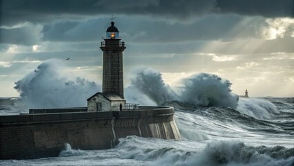 Dramatic coastal scene with lighthouse and crashing ocean waves under a stormy sky birds flying near the structure