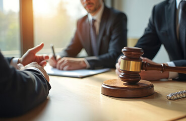 Judge sits at wooden desk, gavel in hand. Lawyer, businessman discuss lawsuit. Courtroom setting with three individuals. Judge wears black robe, participants in suits. Lawyer, business, lawsuit,