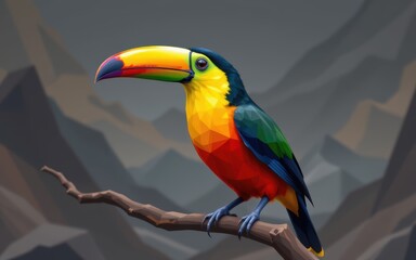 Fototapeta premium Vibrant geometric toucan perched on a branch in a stylized landscape.