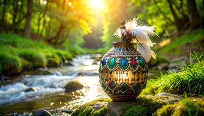 Ornate pot by a babbling brook