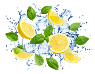  Refreshing Lemon and Basil Leaves Splash with Ice Cubes in Clear Water, Isolated on Transparent Background PNG