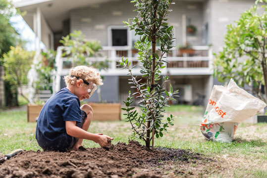 Happy child working in backyard garden in New Zealand