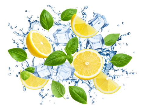  Refreshing Lemon and Basil Leaves Splash with Ice Cubes in Clear Water, Isolated on Transparent Background PNG